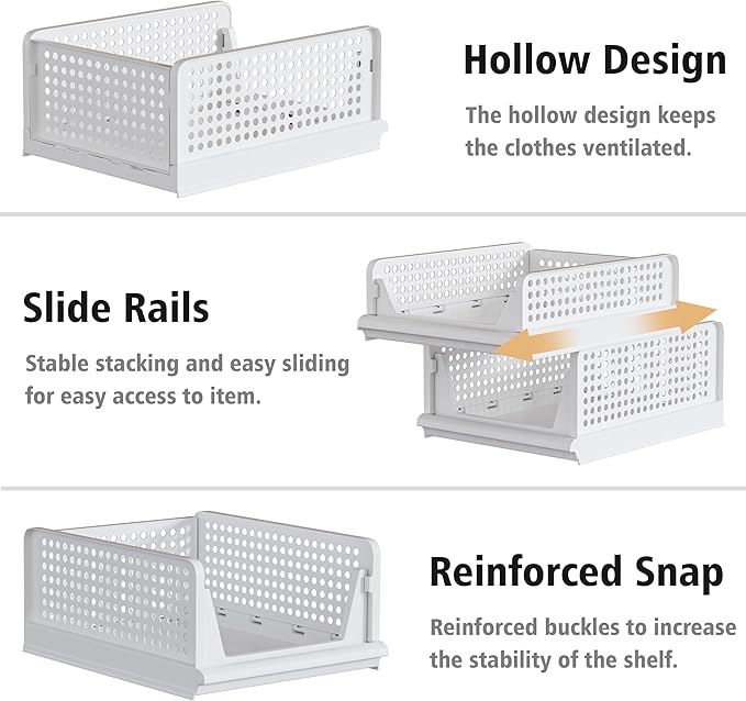 4 Pack Stackable Plastic Storage Basket Closet Organizer Bin Foldable Clothes Organizer Storage Drawer Shelf Container for Living Room Bathroom Kitchen Office (2L+2S)