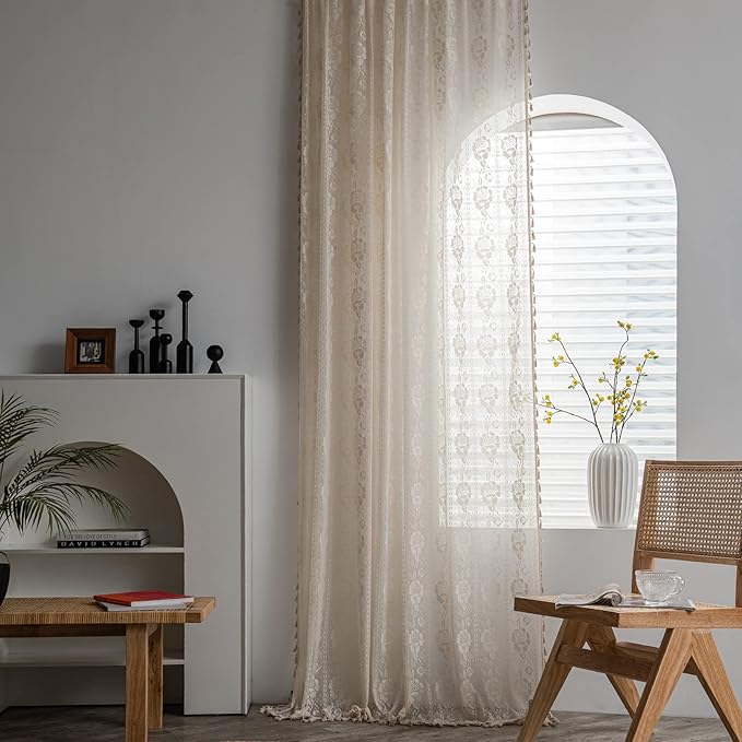 Sutuo Home Beige Boho Curtains for Bedroom Kid's Room,Bohemian Crochet Floral Embroidery Sheer Lace Curtains With Tassels Vintage Rustic Window Treatment Country Drape Rod Pocket 1 Panel 59" W x 90" L