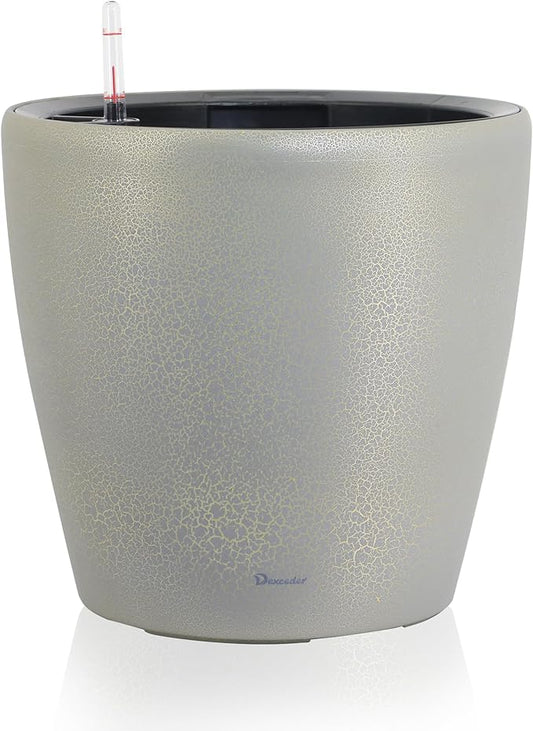 Dexceder 15x14 Self Watering Planter with Wheels Indoor Outdoor, Inner Pot Design, Thickened Large Floor Standing Flower Plant Pot with Water Level Indicator (Grey Gold Crackle)