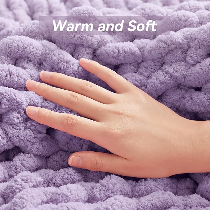 Chunky Knit Throw Blanket, 40''*50'' Knitted Throw Chenille Yarn for Bed Couch, Handmade Light Purple Crochet Big Thick Blanket, Machine Washable Cute Comfy Blanket for Home Decor