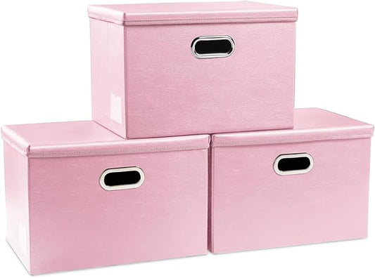 PRANDOM Collapsible Storage Bins with Lids [3-Pack] Leather Fabric Foldable Storage Boxes Organizer Containers Baskets Cube with Cover for Bedroom Closet Office Nursery Pink (14.9x10.8x10)