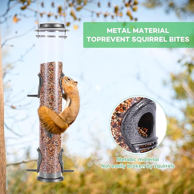 MIXXIDEA 1PK Metal Bird Feeders with 6 Feeding Ports,Tube Bird Feeder with Steel Hanger,Hard Plastic Wild Bird Feeder for Outdoors Hanging, Attracting Birds in Your Lawn, Garden, Balcony-Grey
