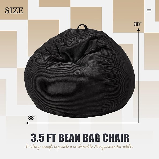 Hobestluk 3.5FT Bean Bag Chair Adult Bean Bag Chair Large Bean Bag Chair with Filler Included Teardrop Bean Bag with Removable Cover for Bedroom Living Room - (Large, Black)
