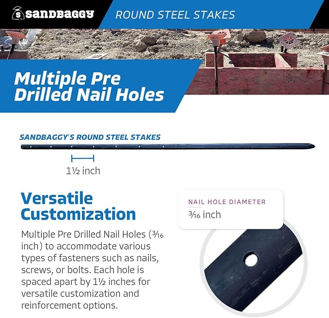Sandbaggy Round Steel Concrete Form Stakes with Nail Holes - Rust Resistant Coating - Removable, Reusable (10, 3/4 in X 36 in)