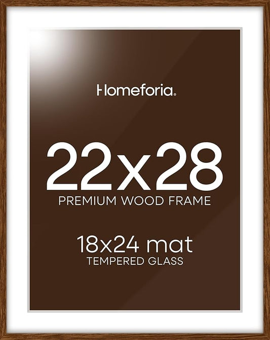 Homeforia 22x28 Poster Frame Walnut, High End Dark Oak 22x28 Large Wooden Picture Frame with Mat 18x24, 22 x 28 Brown Wood Frame Matted to 18 x 24, 28x22 Thin Frame, Tempered Glass, Wall Kit, Set of 1