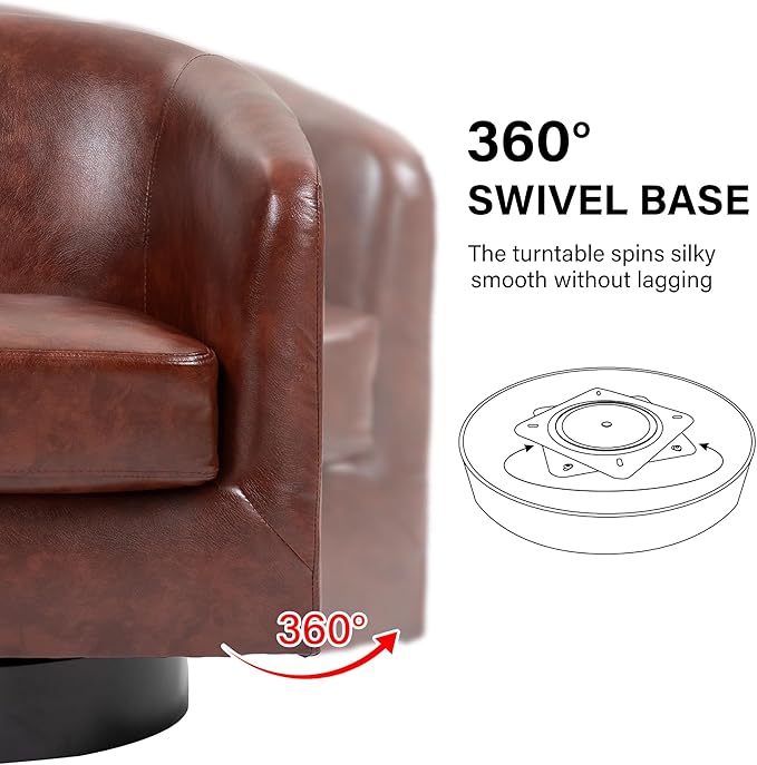 Swivel Barrel Accent Chair, Modern Round Faux Leather Arm Chair for Living Room, Bedroom, Comfy Club Reading Chairs for Adults(Faux Leather, Red Brown, Set of 4)