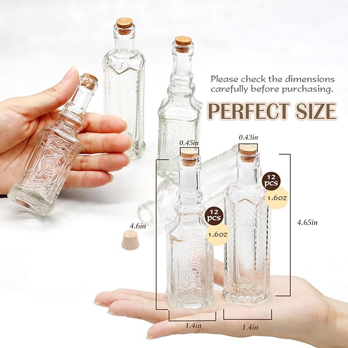 24 pcs Small Mini Clear Vintage Glass Bottles with Corks, Small Bud Vases, Decorative, Potion Bottles, 1.6oz for Party Wedding DIY Decoration/ Sand Art Bottles/Spell Jars/Message In a Bottle Kit