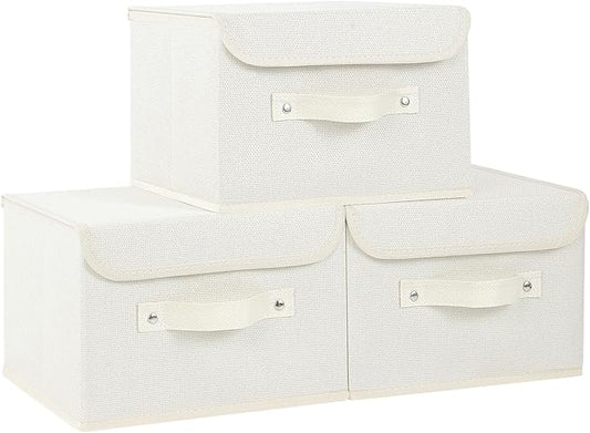 Fabric Storage Bins Cube Organizers with Flip-Top Lid and Handles,Storage Boxes for Organizing Home,Office,and Closet,Beige,3 Pack 10.2 X 7.9 X 6.7 in