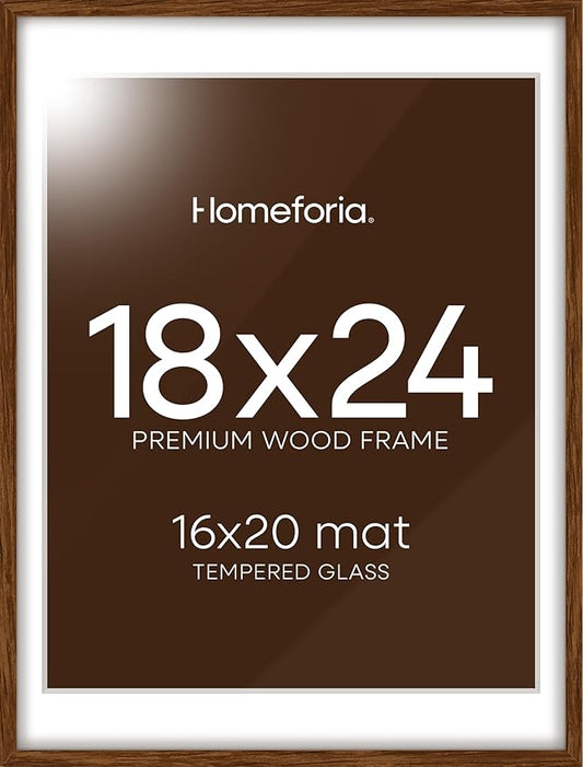 Homeforia 18x24 Walnut Poster Frame, High End Dark Oak 18x24 Brown Wooden Picture Frames with Mat 16x20, 18 x 24 Wood Frame Matted to 16 by 20, 24x18 Hanging Frames, Tempered Glass, Wall Kit, Set of 1