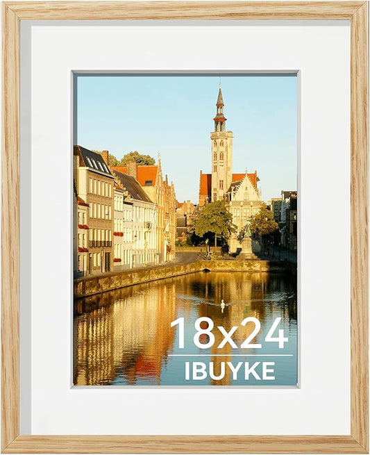 IBUYKE 18x24 Picture Frame,Solid Oak Wood 18x24 Photo Frame with Mat to 16x20,18x24 Picture Frames With Tempered Glass,Wall Mount Display,Home Decor,Natural Oak 24 x 18 Frame,UWPF1824N