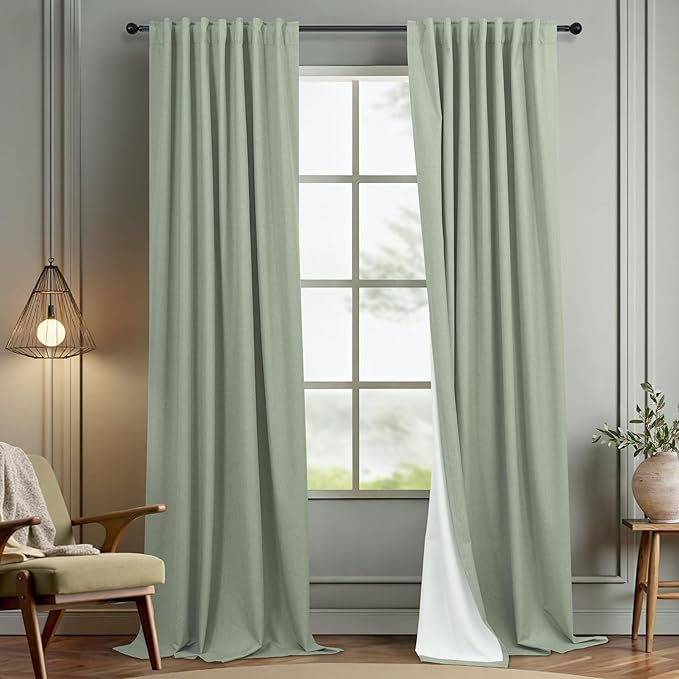 96 Inch Curtains 2 Panels Set Drapes 96 Inches Long Spring Curtain for Living Room Sage Green Black Out Linen Room Darkening Blackout Thermal Vertical Patio Blinds for Sliding Glass Doors Vintage Boho