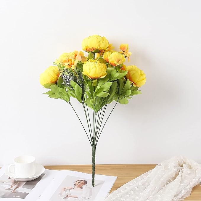 Duovlo Artificial Peony Silk Flowers Fake Flowers Vintage Wedding Home Decoration,Pack of 1 (Yellow)
