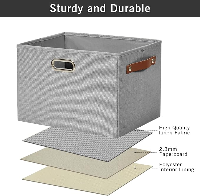 Large 3-Pack Foldable Fabric Storage Bins with Durable PU & Metal Handles, Collapsible Storage Baskets for Shelves, Home Storage, Closet Organizers, Living Room(14.9"x9.8"x9.8", Grey)