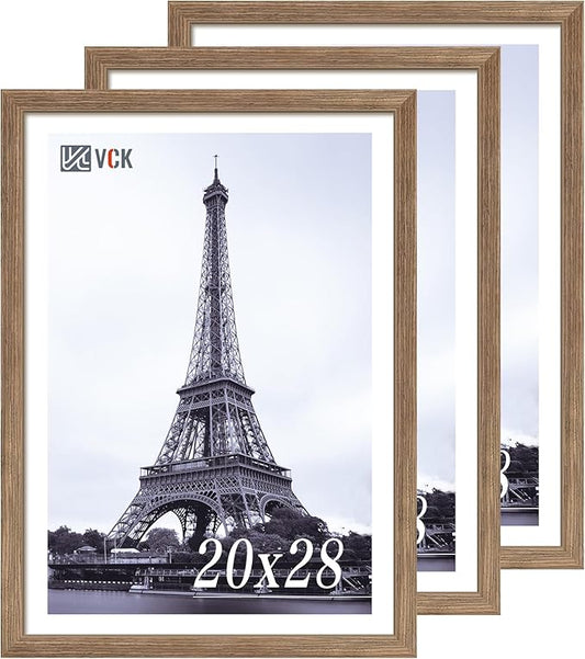 VCK 20x28 Picture Frame 3 Pack - Brown Walnut, Natural Textured Solid Wood Picture Poster Frame, Wall Gallery Frame