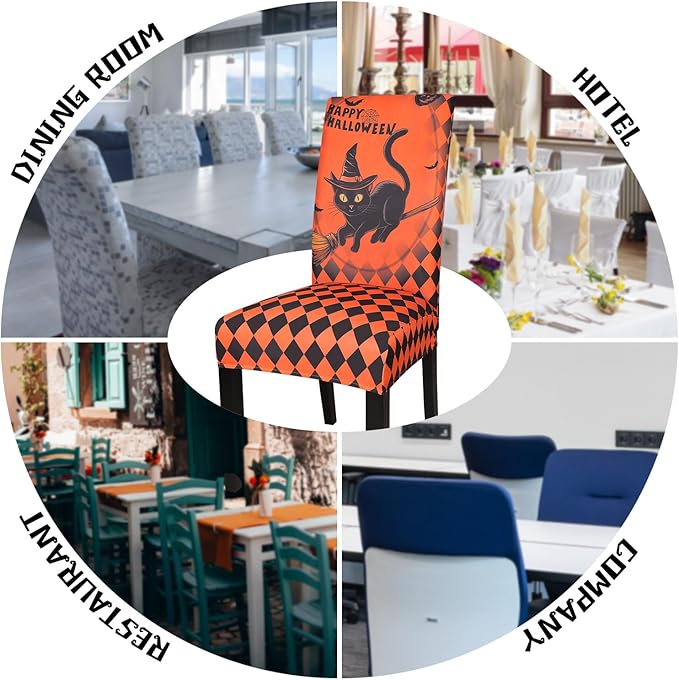 JQinHome Orange Halloween Chair Slipcover,Cat Chair Covers Set of 4, High Stretch Washable Chair Protector Cover for Dining Room, Kitchen,Home Party,Wedding Ceremony(Cat Orange,4PC)