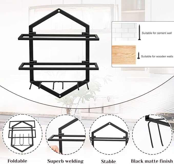 Wall Mounted Wine Stemware Rack, Metal Hanging Wine Glass Display Holde Holds 3 Cups 2 Bottles, Elegant Storage for Kitchen Dining Room Bar Wine Cellar (Black 1)