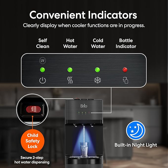 Brio Self Cleaning Bottom Loading Water Cooler Water Dispenser – Black Stainless Steel - 3 Temperature Settings - Hot, Room & Cold Water