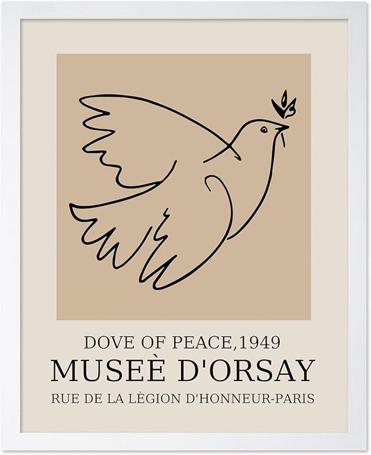 Poster Master Vintage Poster - Retro Minimalist Print - Gift for Artist, Friend - Dove Of Peace, Line Drawing, Sketch, Abstract - Wall Decor for Living Room, Bedroom, 16x20 White Framed