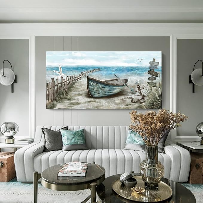 amatop Extra Large Wall Art for Living Room Rustic Coastal Décor Canvas Print Seagull Vintage Ship Sea Bird Artwork Blue Nature Big Beach Landscape Painting Seaside Ocean Picture for Bedroom Décor