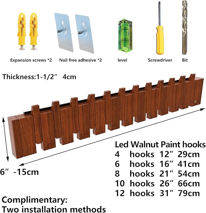 Wall Mounted Piano Key Hanger | Flip Style Hook | Entrance Wall Art Hook, Made of Oak Wood (3 Times Painted, 4 Times Polished) (LED Walnut, 10Hooks)