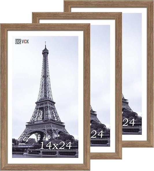 VCK 14x24 Frame Set of 3 - Brown Walnut, Natural Textured Solid Wood Picture Poster Frame, Wall Gallery Frame
