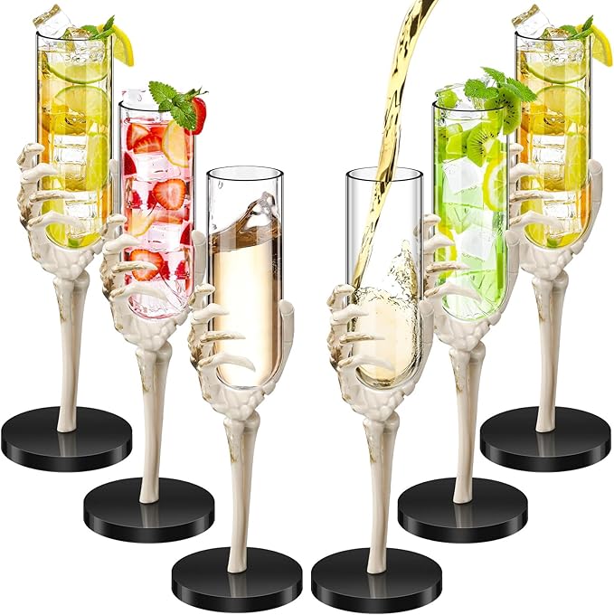 Yinkin 6 Pcs Halloween Skeleton Hand Wine Glass 2.7 oz Halloween Goblets with Skeleton Hand Plastic Champagne Flutes Spooky Creepy Cups for Haunted House Party Decorations