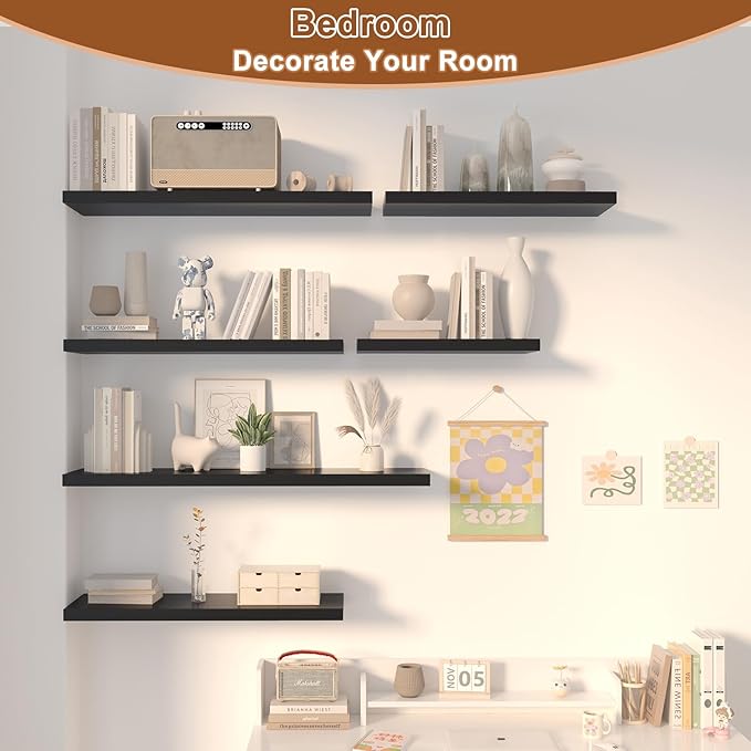 48 Inch Floating Shelf 1 Pack Large Floating Shelves for Wall No Drilling Accessories Included Deep Wall Shelves for Living Room Kitchen Farmhouse 48" W x 12" D x 1.2" Black