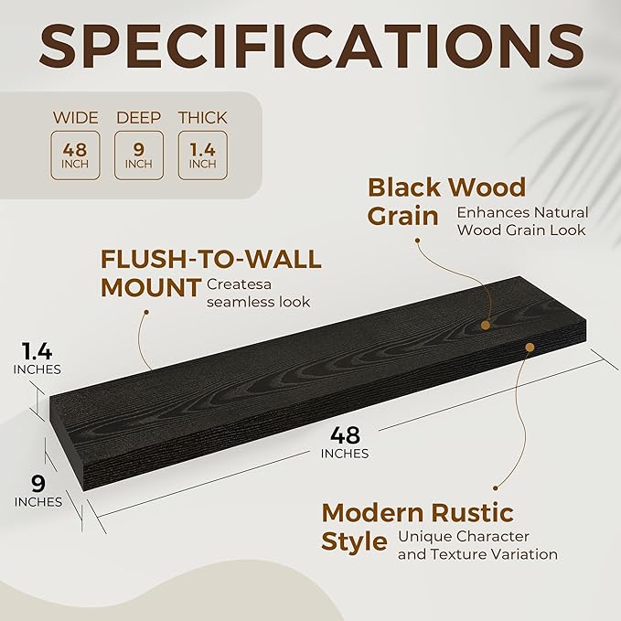 48 inch Floating Shelves for Wall Large Wall Mounted Shelves with Invisible Brackets, Black Long Shelves for Bathroom, Living Room, Kitchen, Office, 48x9.1 inch deep Set of 2