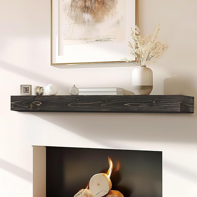 56x8x3 Fireplace Mantel - Handcrafted Hollow Rustic Solid Wood Wall Mounted Floating Shelf with Invisible Heavy Duty Wood Bracket (Weathered Black)