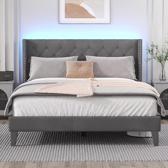 Queen Size Bed Frame with LED Lights, Upholstered Bed Frame with Wingback Diamond Tufted Headboard, Wood Slats Support, Noise-Free, Easy Assembly, No Box Spring Needed, Grey