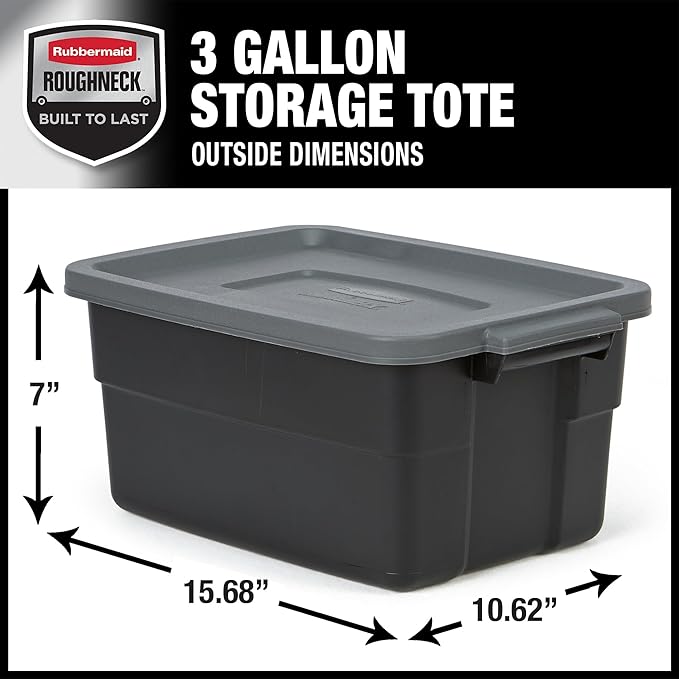 Rubbermaid Roughneck Tote 3 Gal, 6 Pack, Made in USA, Black & Gray, Rugged Plastic Stackable Storage Bins with Lids and Handles
