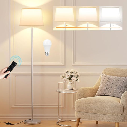 【Upgraded】Floor Lamps for Living Room, Modern Floor Lamp with Remote Control, Dimmable Colors Temperature Standing Lamp Foot Switch, 9W Bulb Tall Lamps for Bedroom Office Kid Room - Silver