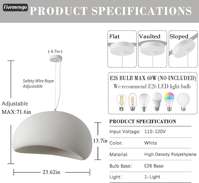 23.6in Large Wabi Sabi Pendant Lights Kitchen Island Lighting Fixture Ceiling Mount White Modern Japanese Lamp Japandi Chandelier for Dining Living Room Bedroom Restaurant Hanging Lamp