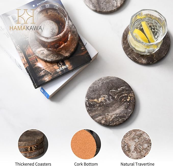 Marble Coasters Set of 4, Natural Gray Stone 4 Inch/10 cm, Modern Round Travertine Drink Coasters for Home Decor, Coffee Table, Office