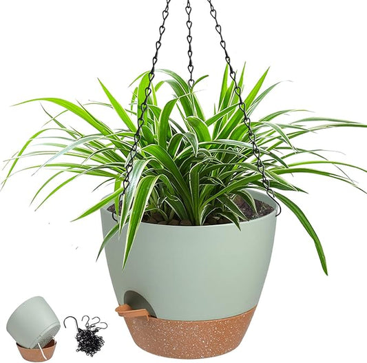 Hanging Planters for Indoor Outdoor Plants, 1 Set Self Watering Hanging Pot with Drainage Holes & Removable Tray (Green-12inch, 12'')