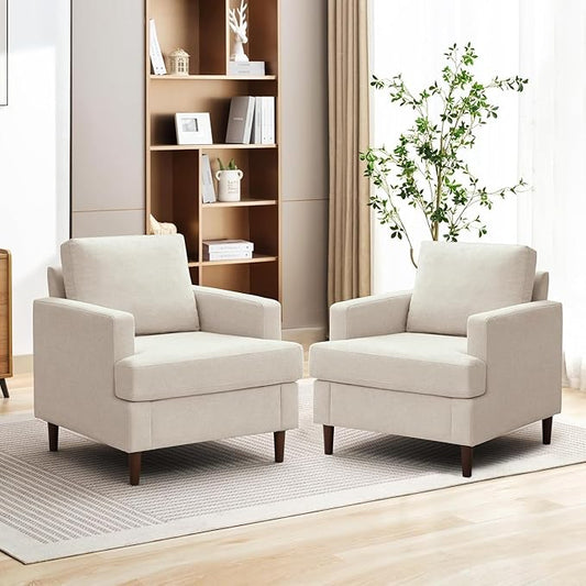 Mid-Century Accent Chair,Modern Linen Fabric Armchair for Living Room,Comfy Upholstered Reading Accent Chairs for Bedroom,Single Sofa Chair with Wood Legs (Beige, 2 Pack)