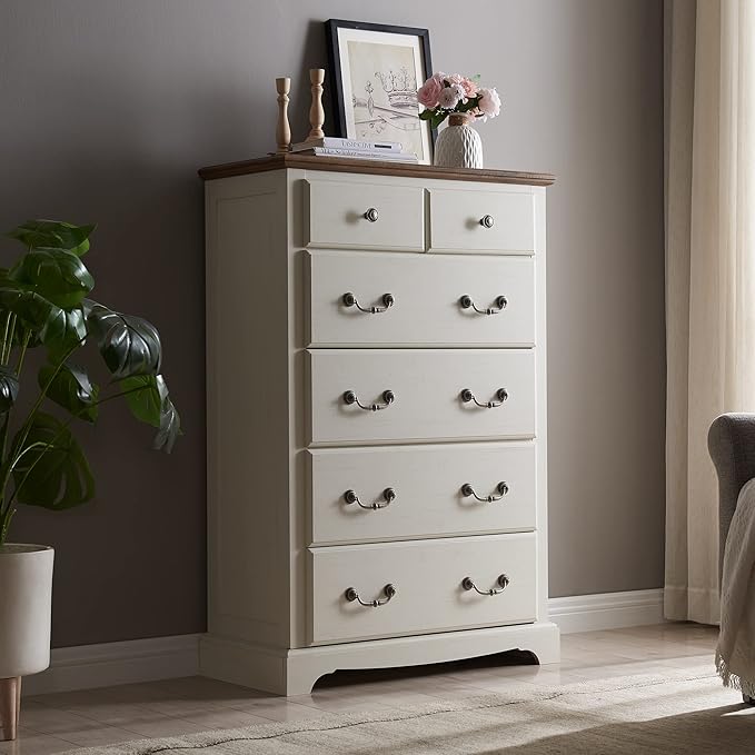 T4TREAM 6 Drawers Dresser Chests for Bedroom, 48" Tall Rustic Chset of Drawers, Wood Dressers Organizer for Bedroom, Living Room,Hallway, Antique White