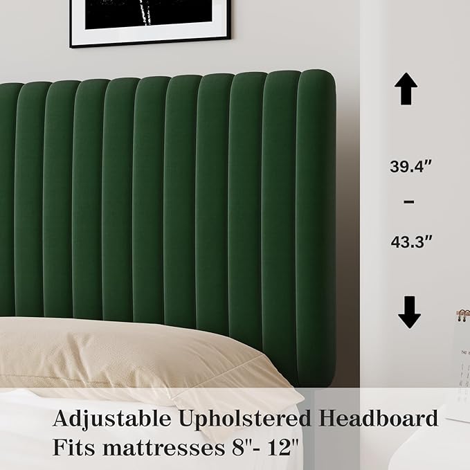 Queen Size Bed Frame, Velvet Upholstered Platform Bed with Vertical Channel Tufted Headboard and Footboard, No Box Spring Required, Easy Assembly, Green