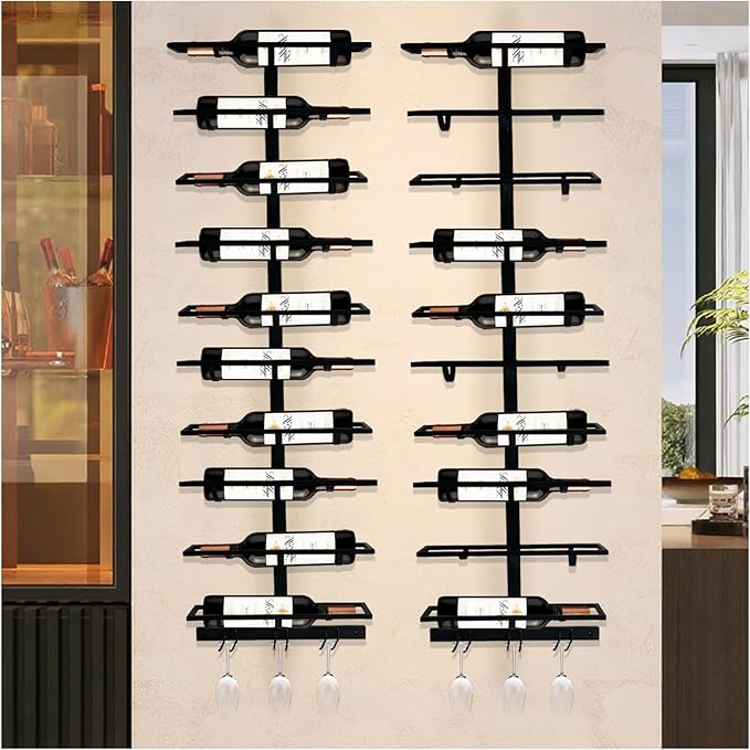 20 Bottle Wall Mount Wine Rack with Wine Glass Holder, Metal Wine Wall Rack, Wall Racks for Wine Bottles Display and Storage, Hanging Bottle Organizer for Living Dining Room Wine Cellar Bar (Black)