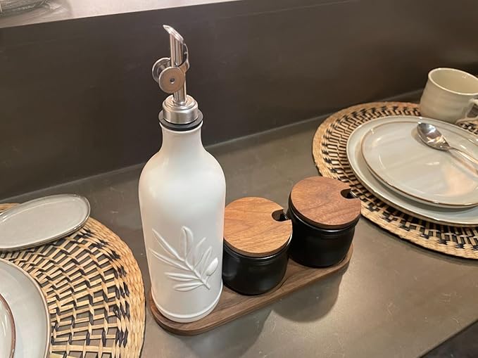 20 Oz Ceramic Olive Oil Dispenser Bottle, with Stainless Steel Spout & Funnel, Ideal for Oil, Vinegar, Coffee Syrup & Liquids (White)