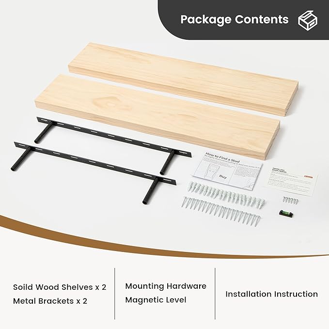 Fun Memories 36 Inch Floating Shelves for Wall, Deep Rustic Solid Pine Wood Wall Shelves for Storage - Farmhouse Wall Mounted with Heavy-Duty Metal Bracket, 36" W x 8" D, Set of 2,Unfinished
