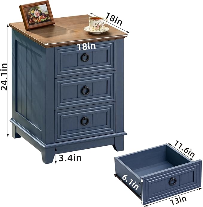 Night Stand Set of 2, Farmhouse 18" End Table with 3 Drawer Metal Handle, Dresser for Bedroom, Sofa Bed Side Table Chest of Drawers,Wood Nightstand Cabinet for Organizer, Living Room-Blue