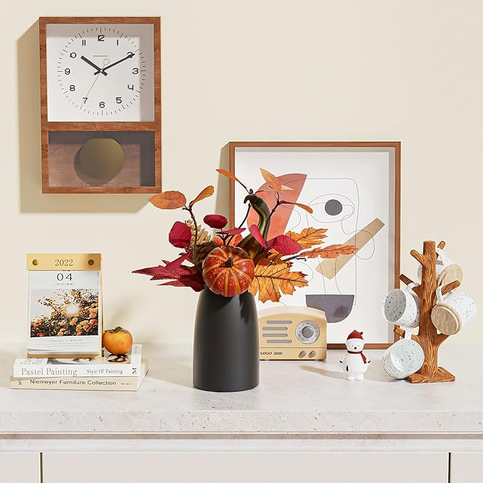 Autumn Artificial Potted Plant Decorations, Maple Leaves, Pinecones, Pumpkins with Black Ceramic Vase for Home,Thankgiving Table Decoration
