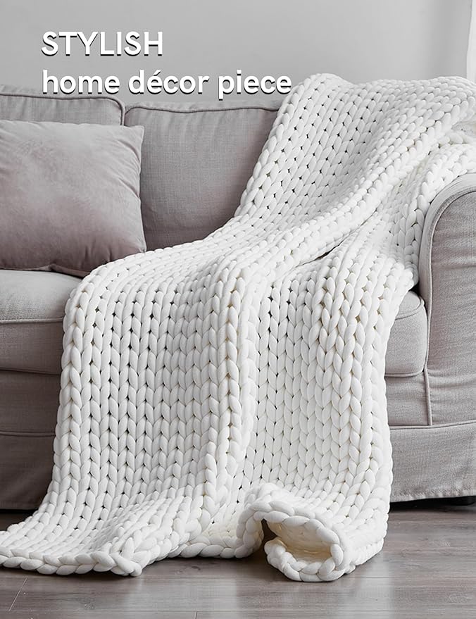 YnM Chunky Throw Blanket, Medium-Weight, Hand Knitted, Skin Friendly, Ventilated and Breathable, Machine Washable, Home Décor Piece for Couch, Sofa and Bed (White, 40x50 Inch)