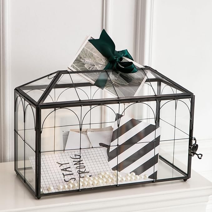 Wedding Card Box with Slot, 12.6'' Large Glass Card Boxes for Reception, Black Geometric Holder, Clear Decorative Storage Box with Lock for Baby Shower, Birthday Party, Christmas, Bridal Shower