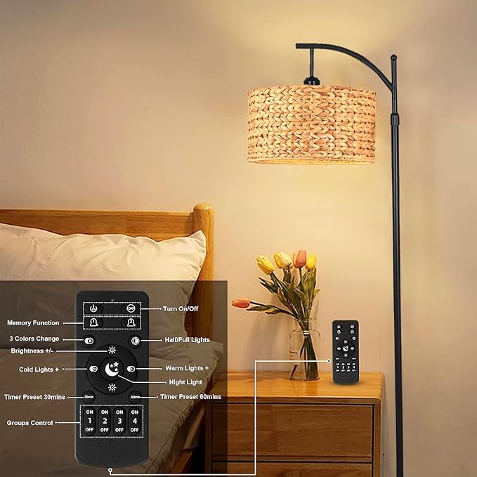 Floor Lamp for Living Room Bedroom Farmhouse Arc Rattan Boho Standing Lamp with Remote Dimmable Black Wicker Bamboo Lamp Shade Floor Light Adjustable Tall Lamp Industrial Floor Lamps Bohemian