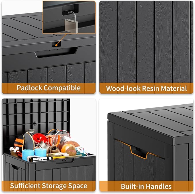 31 Gallon Resin Deck Box, Lockable Patio Outdoor Storage Box for Furniture, Garden Tools and Tools Storage, Waterproof Outside Storage Boxes - Black