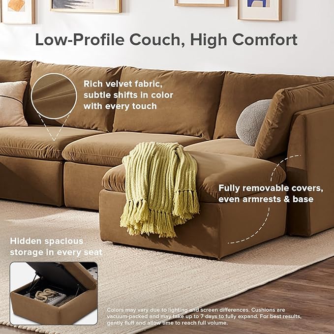 mopio Oversized Modular Sectional Sofa with Fully Removable Covers and Storage, Convertible U, L-Shaped and Sleeper Sectional, Modern Couches with Ottoman Chaise (Hazelnut Velvet, 6 Seats, Sleeper)