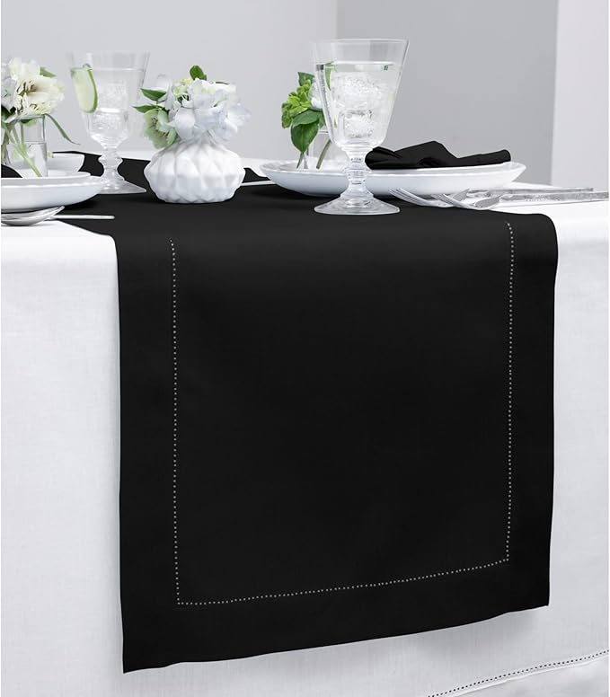 Solino Home Linen Black Table Runner 36 Inches - Classic Hemstitch, 100% Pure Linen Coffee Table Runner 14 x 36 Inch Ideal for Dresser Tables - Fall, Autumn, Halloween, Thanksgiving