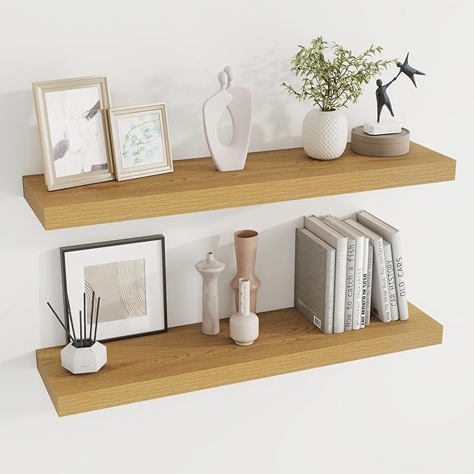 36 inch Floating Shelves Wall Shelves for Office with Invisible Brackets, 8 inch Deep Shelves for Bathroom, Living Room, Kitchen, Office, 36x7.9 inch deep Set of 2, Oak